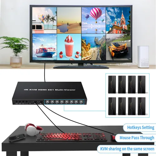 Vista 7 de MultiViewer HDMI 8x1 con función KVM, 4K@30Hz HDMI Quad MultiViewer Share 8 ordenadores simultáneamente, permitiéndoles compartir un conjunto