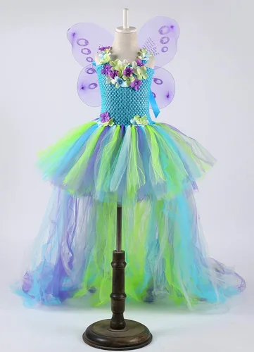 Vista 7 de Tutu Dreams Vestido de princesa de hada de tren largo para niñas de 1 a 8 años con alas para fiesta de cumpleaños