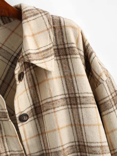 Vista 4 de ZAFUL Camisa de manga larga a cuadros para mujer mezcla de lana con botonadura chaqueta fina blusa casual con bolsillo