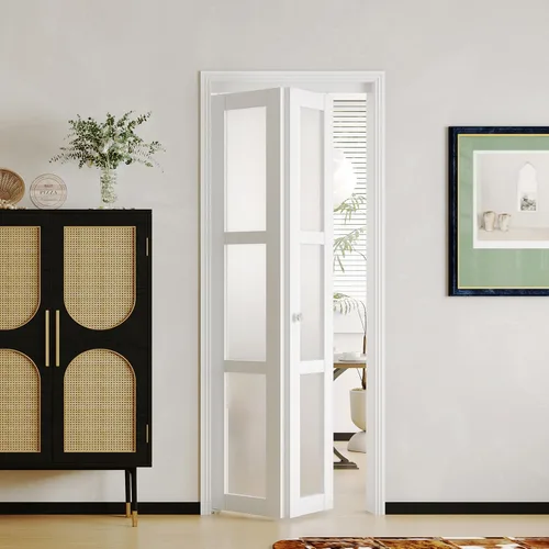 Vista 6 de BARNER HOME Puerta Bi-Fold, para apertura de 28 in. x 80 in., panel de vidrio templado esmerilado de 3 luces con kit de herrajes, MDF, puerta
