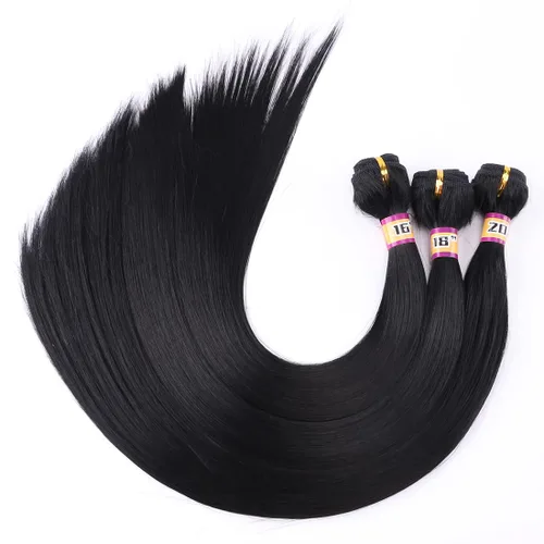 Vista 9 de 4 paquetes de cabello sintético sedoso y liso, 4 paquetes de 16, 18, 18, 20 pulgadas, extensiones de cabello de fibra de doble trama color negro
