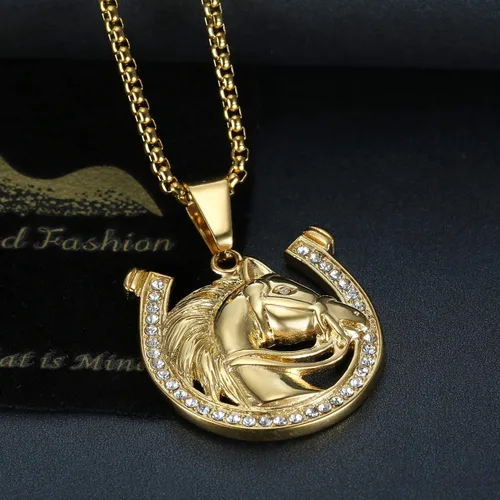 Vista 3 de Collar de acero inoxidable con colgante de caballo de animal de la suerte, cadena de 24 pulgadas, hip hop, herradura, regalo de joyería