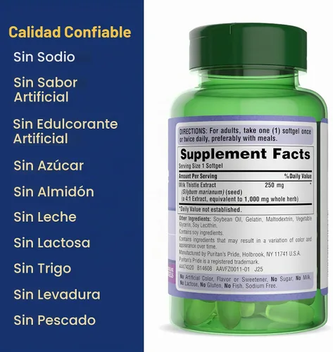 Vista 6 de Puritans Pride suplemento de cardo de leche, extracto 4:1, 180 cápsulas blandas de 1,000 mg (silimarina)