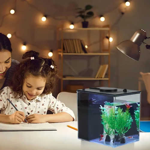 Vista 3 de Mini pecera Betta Aquarium Starter Kits Multifuncional Escritorio con botón de interruptor LED Kit de acuario blanco, 1 galón (negro)