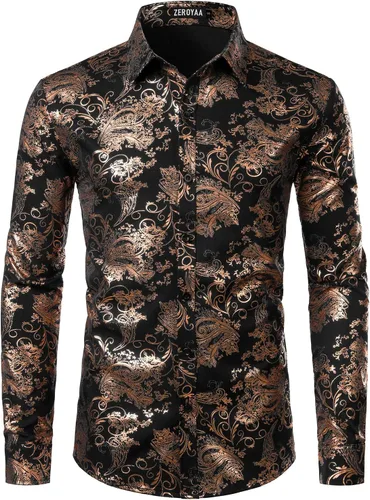 Vista 20 de ZEROYAA Men's Luxury Paisley Floral Printed Button Down Shirt Zhcl36-negro oro