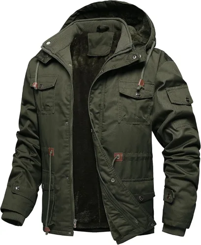 Vista 10 de Chaquetas gruesas de invierno para hombre, con forro polar, chaquetas gruesas con capucha, chaquetas de trabajo, abrigo de algodón militar