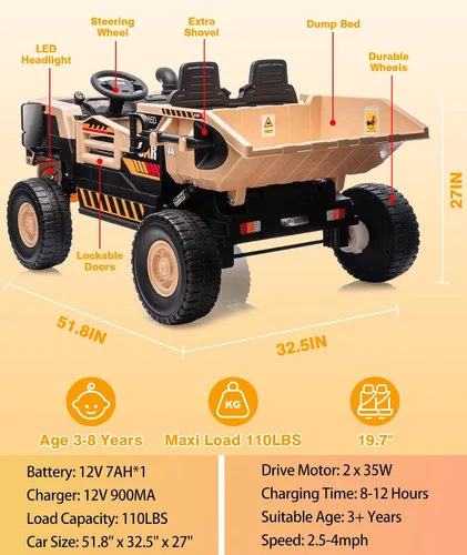 Vista 6 de Camión volquete de juguete para niños de 2 plazas de 12 V con cama volquete, pala Caqui