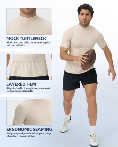 Vista 5 de Camiseta de compresión de cuello alto para hombre, camiseta Beige