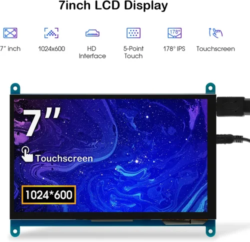 Vista 2 de ELECROW 7 Pulgadas 1024×600 Pantalla Táctil para Raspberry Pi: Pantalla LCD IPS de Toque Capacitivo, Mini Monitor Portátil Compatible con Raspberry