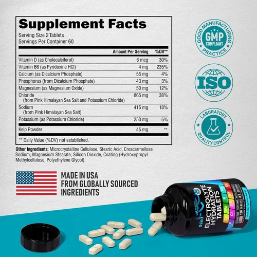 Vista 8 de Electrolitos - Tabletas de electrolitos con magnesio, sodio, potasio, cloruro, vitaminas D3 y B6, polvo de alga Kelp - Pastillas de sal - Fabricadas