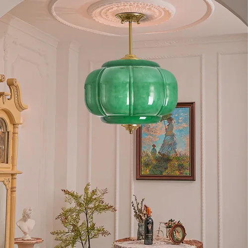 Vista 2 de Lámpara de techo de cristal de leche verde, lámpara colgante de calabaza vintage de 15 pulgadas con accesorio de latón antiguo, lámpara colgante