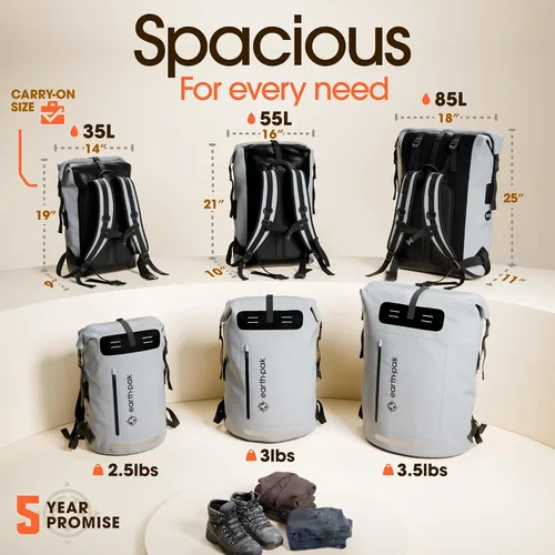 Vista 2 de Earth Pak Mochila impermeable 35L 55L 85L - Cierre enrollable resistente con bolsillo frontal con cremallera de fácil acceso y panel trasero