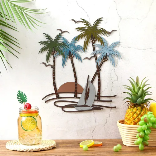 Vista 3 de Shimeyao Arte de pared de metal costero, arte de pared de metal con palmera, decoración de playa al aire libre, baño, esculturas de árbol tropical