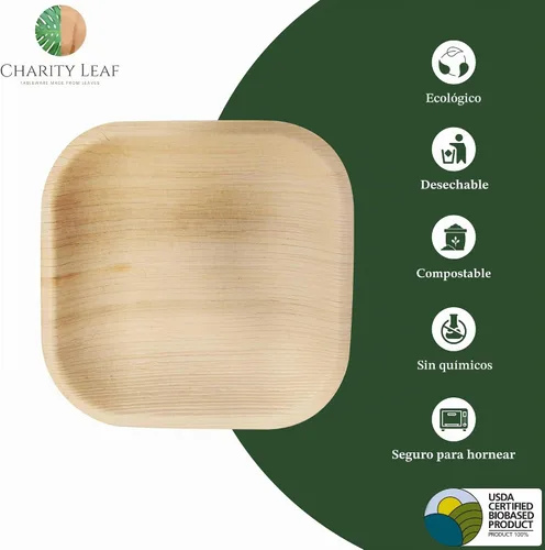 Vista 6 de Platos cuadrados desechables de 10 cm de Charity Leaf con forma de hoja de palma (50 piezas) Bandejas de servir tipo bambú, tablas desechables