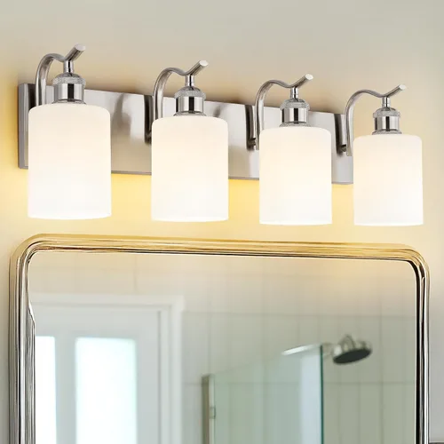 Vista 39 de Lámpara de tocador de baño de 3 luces, aplique de pared de níquel cepillado, lámpara de baño moderna con vidrio transparente, VL01BN-3 Níquel