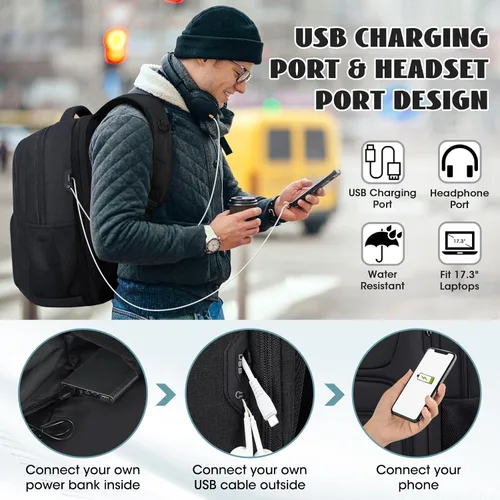 Vista 3 de Mochila de viaje para laptop de 17 pulgadas, extra grande, con orificio de carga USB, 45L, antirrobo, resistente al agua, bolsa para computadora