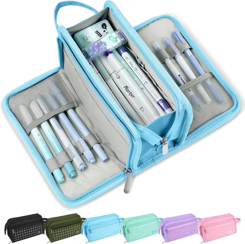Vista 8 de Sooez Estuche grande para lápices, bolsa para lápices de gran capacidad con 3 compartimentos, organizador portátil de artículos de papelería de lona