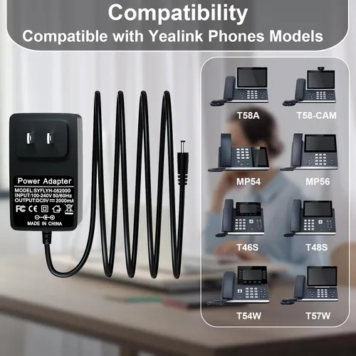 Vista 2 de Cable adaptador de corriente de 5 V para teléfonos Yealink SIP compatible con cargador de fuente de alimentación T54W, T29G, T46S, T46U, T48S, T48U