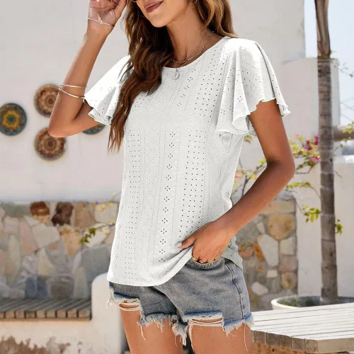 Vista 4 de Camisetas de verano para mujer, con mangas con volantes, cuello redondo, estilo casual