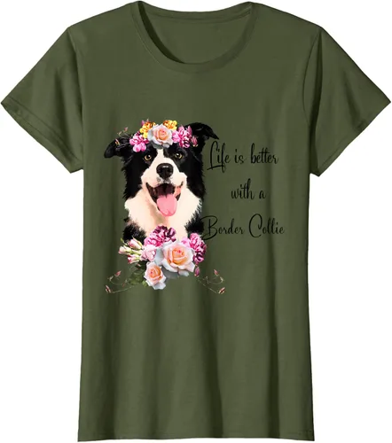 Vista 80 de Life is Better With a Border Collie - Camiseta de perro lindo con flores, gris, S Gris Oscuro
