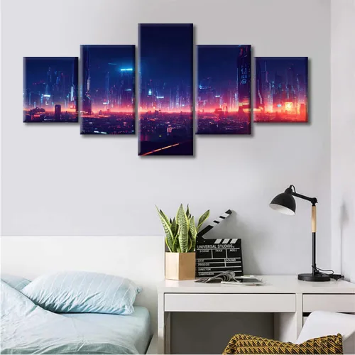 Vista 132 de Cuadros de 5 paneles de Cyberpunk City, arte de pared, representación de vallas publicitarias, edificios modernos en la capital con obras de arte