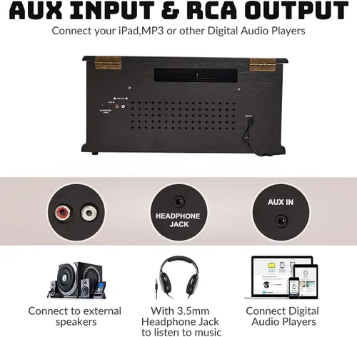 Vista 6 de ORCC Tocadiscos 10 en 1, tocadiscos nostálgicos para discos de vinilo con Bluetooth, 2 altavoces integrados, CD, cassette, radio AM/FM, USB, ranura