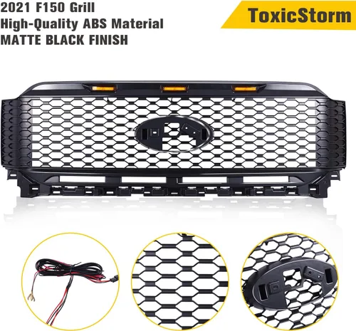 Vista 2 de Rejilla de malla negra mate de repuesto para parrilla delantera compatible con Ford F 150 2021-2022 con 3 luces LED ámbar