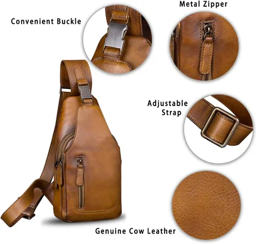 Vista 6 de Bolso bandolera de cuero genuino para hombre, hombro en el pecho, mochila de senderismo vintage hecha a mano, Marrón, senderismo