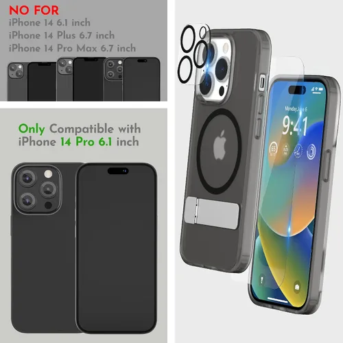 Vista 2 de Funda magnética para iPhone 14 Pro de 6.1 pulgadas (2022), soporte delgado con protector de pantalla compatible con Magsafe a prueba de golpes, Negro