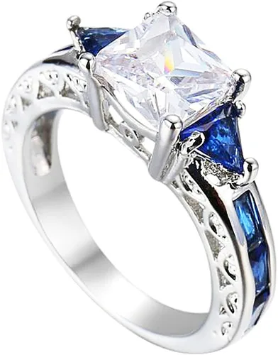 Vista 3 de Anillo de cristal XAHH abierto, hueco, con circonio cúbico CZ, un zafiro azul, con triángulos y cuadrados, enchapado en platino para mujer