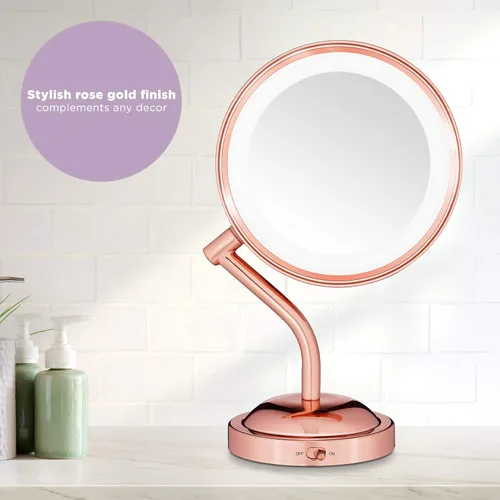Vista 6 de Conair Espejo de maquillaje iluminado con aumento, espejo de tocador LED, espejo de aumento 1X/5X, espejo de doble cara, funciona con batería, oro
