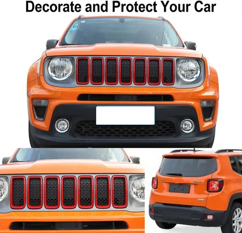 Vista 6 de Insertos de rejilla + lámpara antiniebla delantera + bisel de señal de giro + cubierta de faro delantero para Jeep Renegade 2019+, rojo