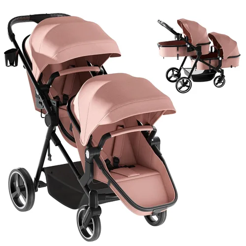 Vista 9 de MU Cochecito doble, cochecito plegable en tándem doble con respaldo ajustable, asiento reversible, arnés de 5 puntos, canasta de almacenamiento Gris