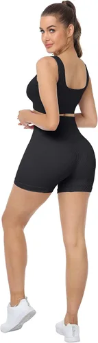 Vista 4 de LZYVOO Pantalones cortos de entrenamiento de 4 piezas para mujer, cintura alta, acanalados, sin costuras, pantalones cortos de ciclismo de elastano