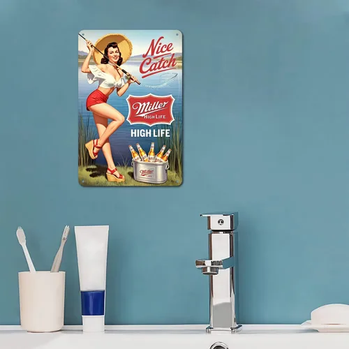 Vista 5 de High Life Beer Pin Up Girl - Cartel de lata de pesca vintage con diseño de cerveza con texto en inglés "Pin Up Girl" para jardín, patio, bar