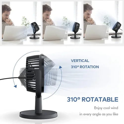 Vista 2 de Mini ventilador de escritorio, ventilador de escritorio alimentado por USB con 4 velocidades, pequeño pero potente, flujo de aire fuerte, trabajo