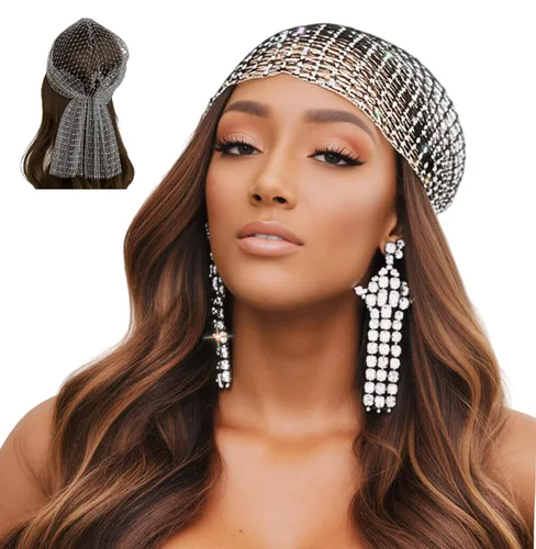 Vista 10 de Munyee - Bufanda Hua Rave para mujer con diamantes de imitación, bufanda de malla de lentejuelas de 35.4 in, bandana brillante con espalda elástica