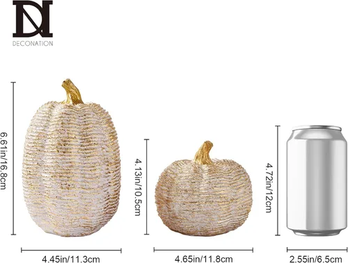 Vista 3 de DN DECONATION - Centros de mesa de decoración de calabaza de otoño, 2 piezas, oro blanco Artificial Pumpkins Figurines for Autumn Thanksgiving