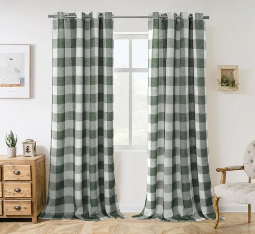 Vista 14 de Cortinas de cuadros de búfalo DriftAway a cuadros negro y blanco extralargas con tratamiento ojo de sargento para dormitorio y sala de estar