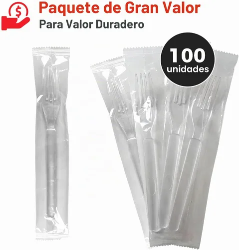 Vista 2 de 3X Horquillas de plástico transparente resistentes envueltas individualmente, resistentes como cubiertos de plata, paquete de 100 horquillas