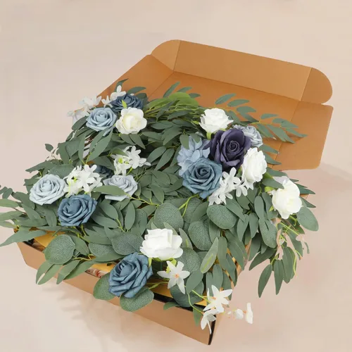 Vista 7 de Emivery Guirnalda artificial de rosas azules polvorientas, guirnalda de sauce de eucalipto con flores, centros de mesa, centros de mesa, fiesta