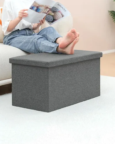 Vista 2 de B FSOBEIIALEO - Reposapiés otomano plegable de lino con espacio de almacenamiento, también utilizable como mesa de café