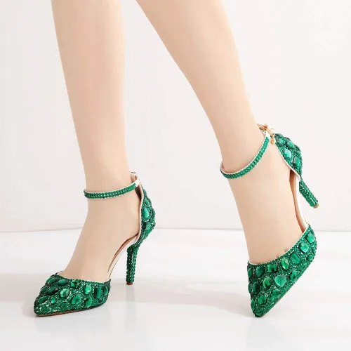 Vista 7 de Sandalias de diamantes de imitación azules reales Tacones altos finos Sandalias puntiagudas Tacones de cristal azul Zapatos de tacón alto de moda