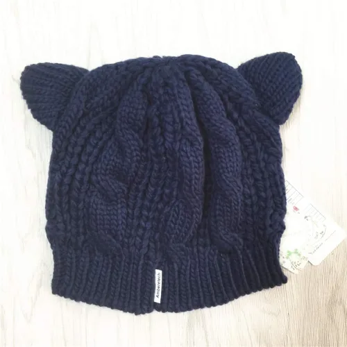 Vista 3 de Amberetech - Gorro tejido en crochet con orejas de gatito, para mujer, M, Azul Oscuro