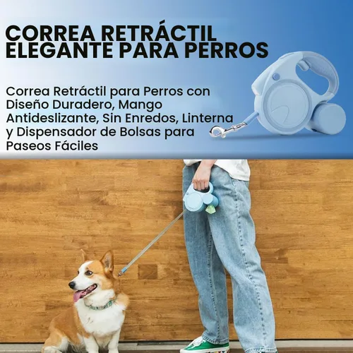 Vista 2 de Correa retráctil para perro con linterna y dispensador, correa retráctil para perro de 16 pies es perfecta para caminar seguro y cómodo con tu Azul