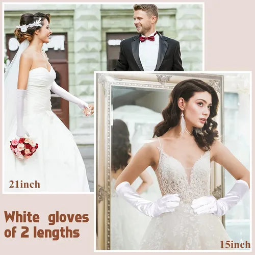 Vista 7 de Guantes blancos largos de los años 20 para mujer, guantes de noche de ópera, guantes de satén, guantes de novia para mujeres, bodas