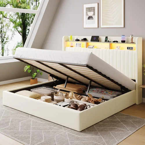 Vista 10 de SHA CERLIN - Estructura de cama de tamaño matrimonial con almacenamiento elevado/Luces LED/Estación de carga/Cabecero con estantes de 2 niveles/USB