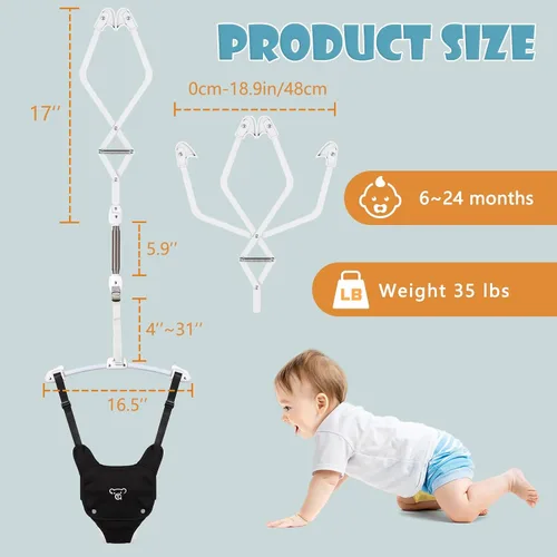 Vista 8 de Baby Jumper, Baby Jumper Doorway with Adjustable Strap, Easy to Assemble, with a Soft Rug (Grey) (Black)