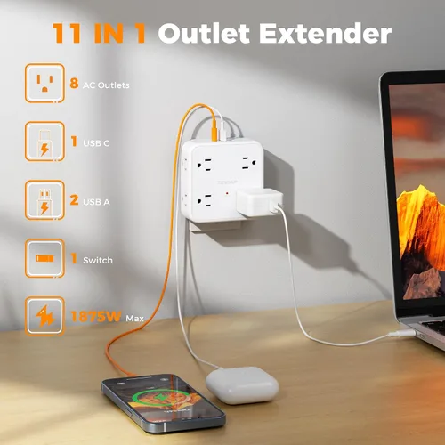 Vista 3 de TESSAN - Extensor de toma de corriente múltiple, extensor de enchufe de pared con 8 enchufes, divisor de salida múltiple con 3 puertos USB