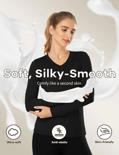 Vista 3 de MANCYFIT Conjunto de ropa interior térmica para mujer con forro polar ultra suave cuello en V